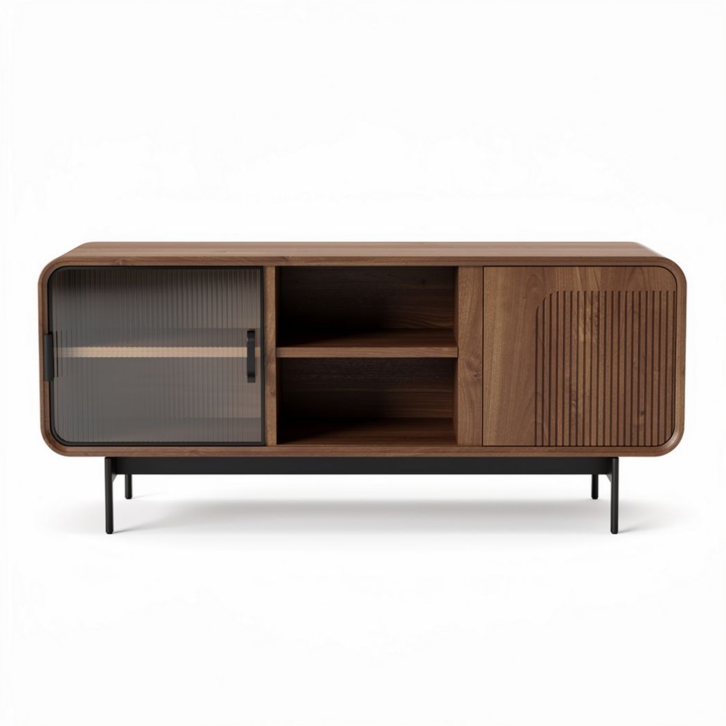 Dressoir van walnut hout met glazen deur en open vakken 100 x 40 x 50cm