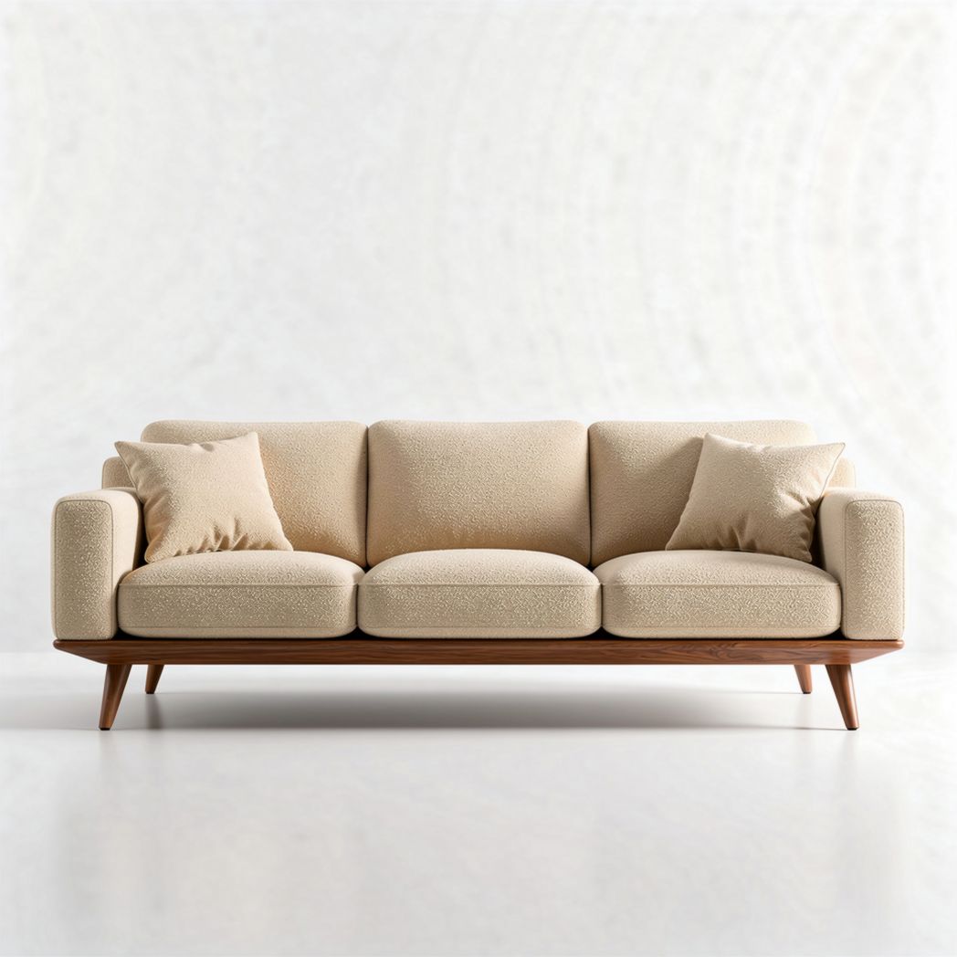 Beige stoffen bank met houten poten 200 x 90 x 85cm
