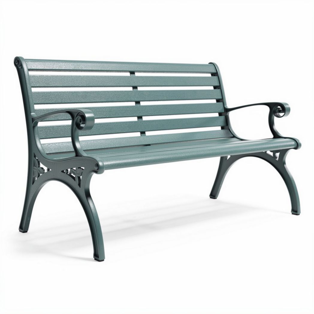Lange metalen bank met armleuning voor buitengebruik in groen 150 x 60 x 80cm