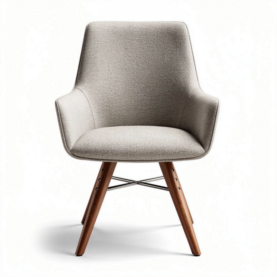 Moderne fauteuil van kunstleer met zwarte houten poten en diameter van 80 cm